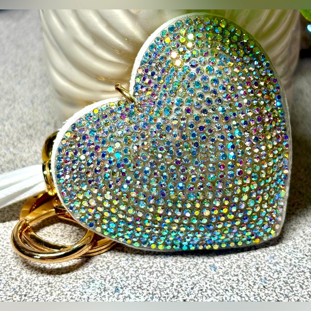 Aurora Borealis Heart Keychain with Rhinestones and jingle bell/gold